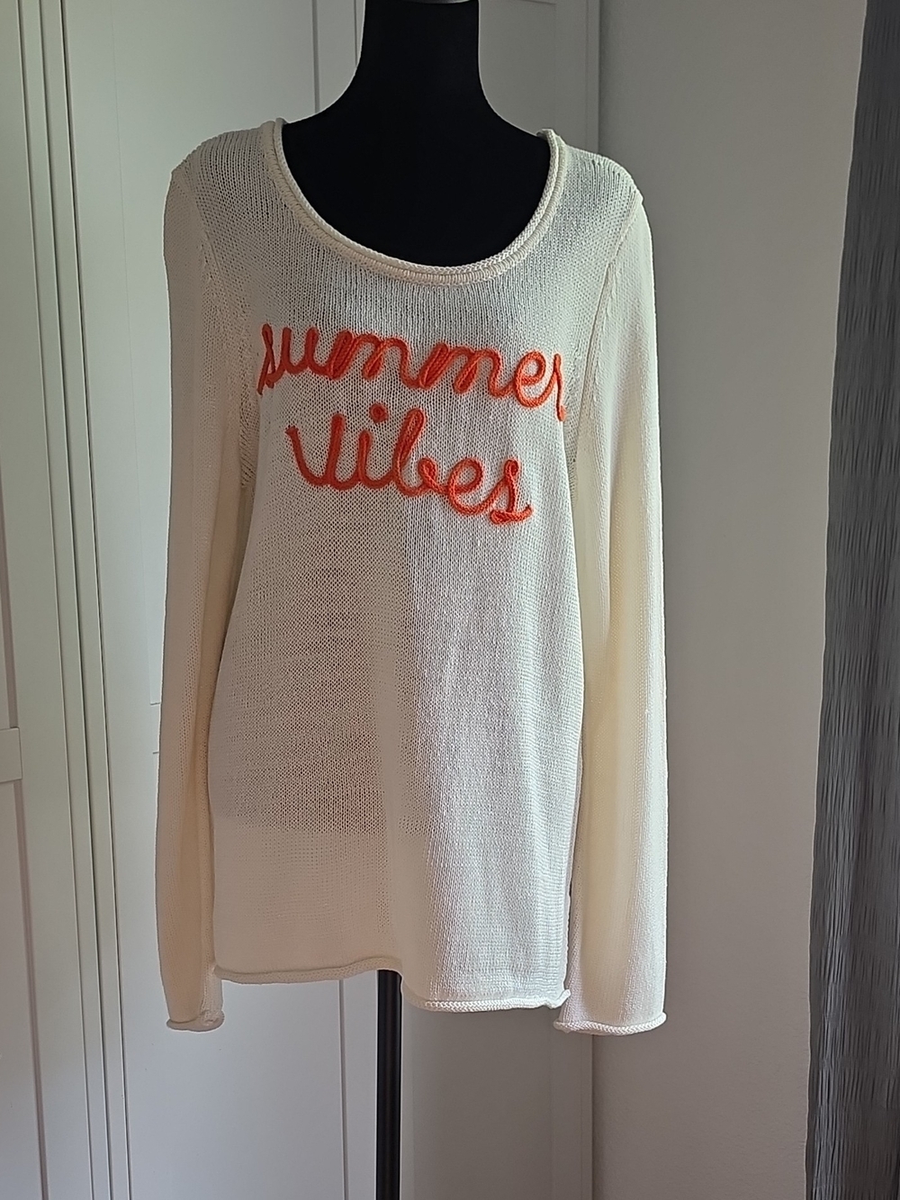 Marled Cream Knit Swim Coverup with Orange "Summer Vibes" Embroidery